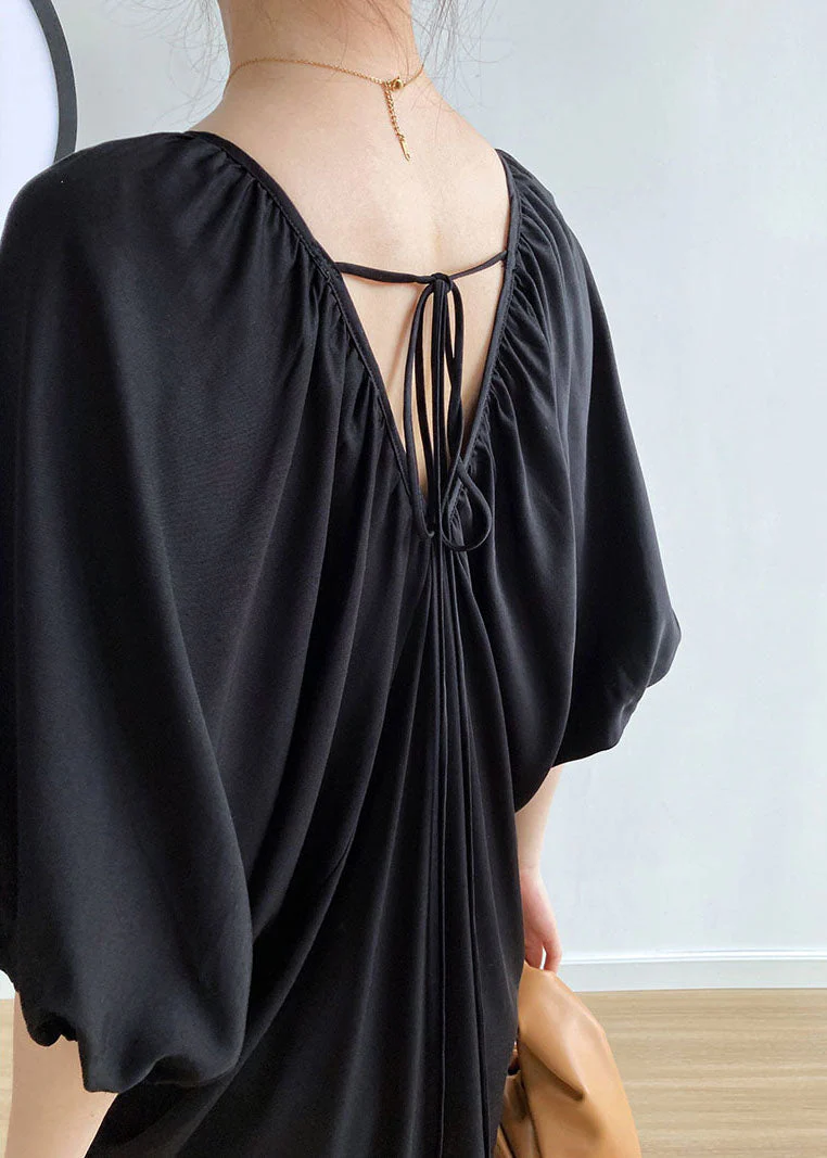 Beautiful Black V Neck Cold Shoulder Wrinkled Cotton Holiday Dress Summer - Image 4