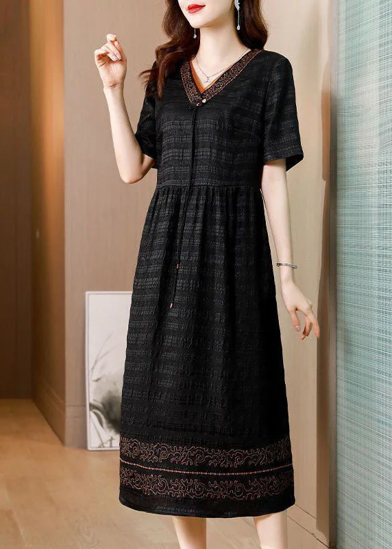 Beautiful Black V Neck Wrinkled Silk Long Dress Summer - Image 2