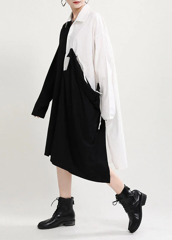 Beautiful Black White Patchwork asymmetrical design Fall Dress Long sleeve - Image 3
