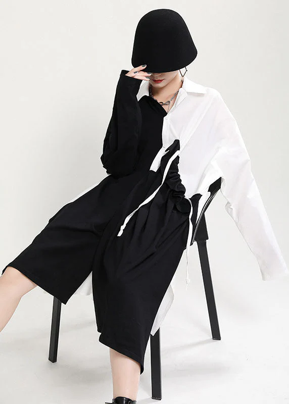 Beautiful Black White Patchwork asymmetrical design Fall Dress Long sleeve - Image 4