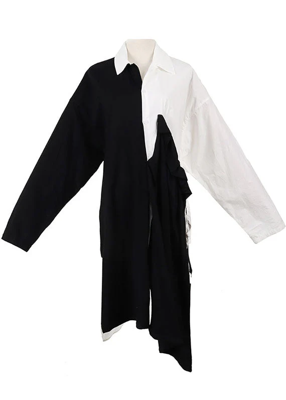Beautiful Black White Patchwork asymmetrical design Fall Dress Long sleeve - Image 5