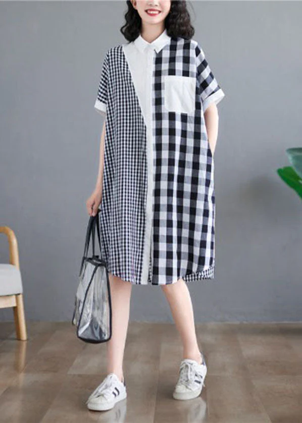 Beautiful Black White Plaid Peter Pan Collar Asymmetrical Design Patchwork Cotton Shirt Dress Short Sleeve - Image 2