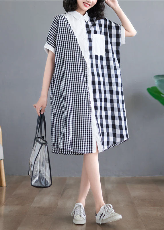 Beautiful Black White Plaid Peter Pan Collar Asymmetrical Design Patchwork Cotton Shirt Dress Short Sleeve - Image 3
