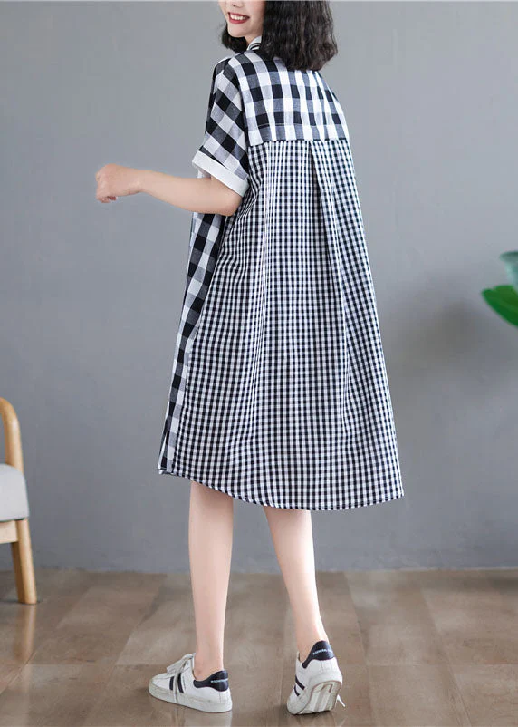 Beautiful Black White Plaid Peter Pan Collar Asymmetrical Design Patchwork Cotton Shirt Dress Short Sleeve - Image 4