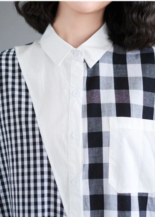 Beautiful Black White Plaid Peter Pan Collar Asymmetrical Design Patchwork Cotton Shirt Dress Short Sleeve - Image 5