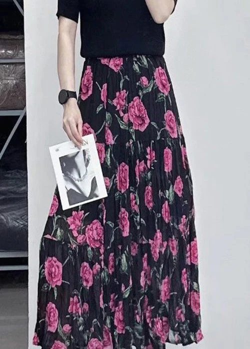 Beautiful Black Wrinkled Print Patchwork Chiffon Skirts Summer - Image 4