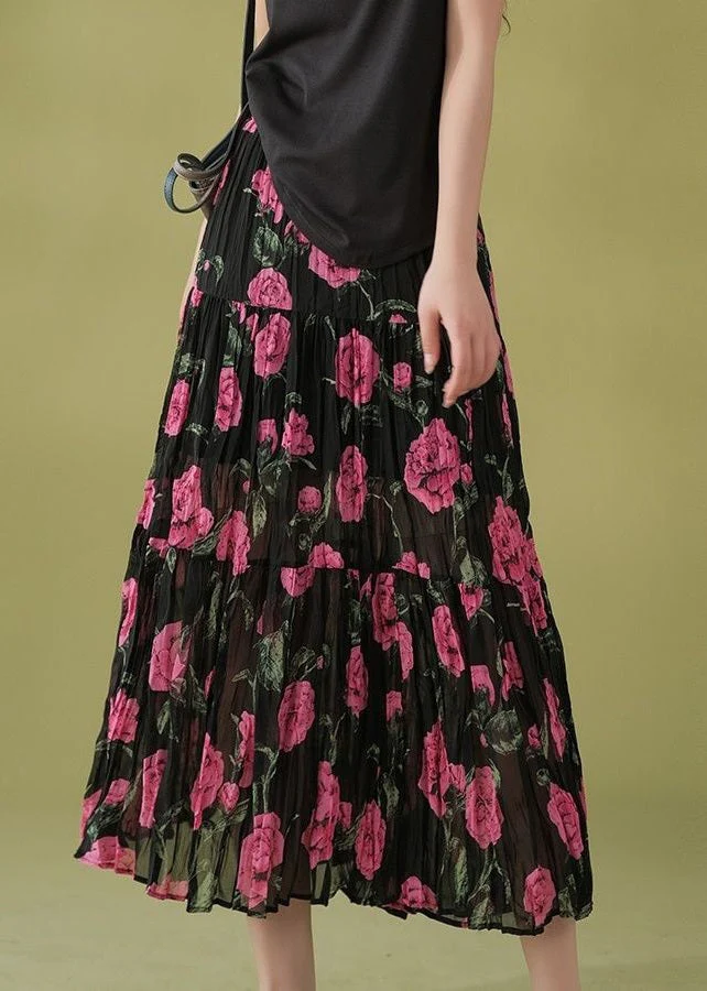 Beautiful Black Wrinkled Print Patchwork Chiffon Skirts Summer - Image 5