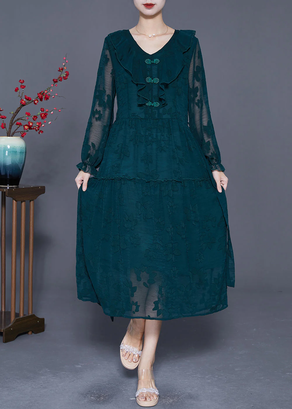 Beautiful Blackish Green Ruffled Patchwork Silk Maxi Dress Summer - Image 2