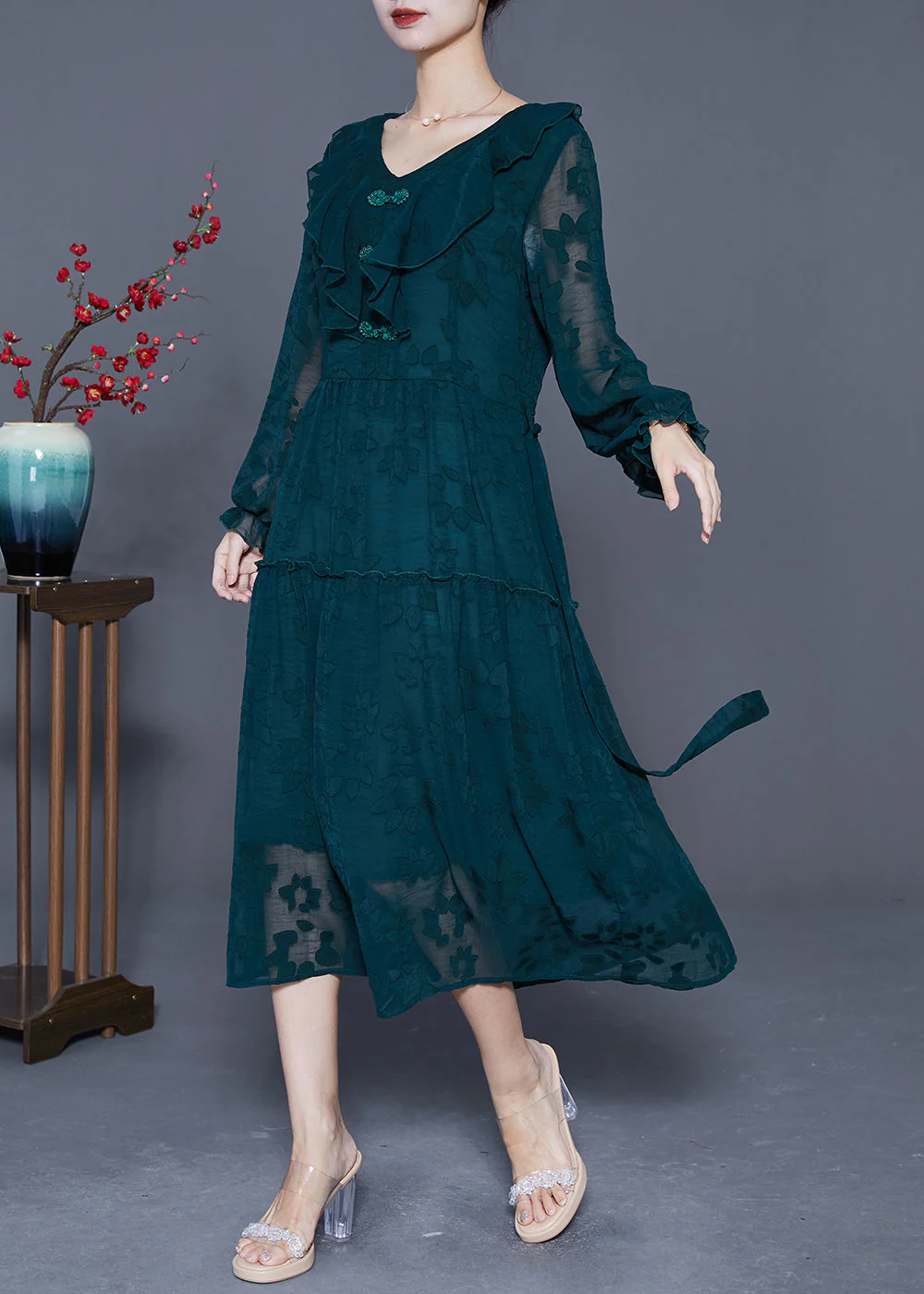 Beautiful Blackish Green Ruffled Patchwork Silk Maxi Dress Summer - Image 3