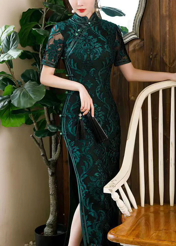 Beautiful Blackish Green Stand Collar Side Open Silk Dress Short Sleeve - Image 4