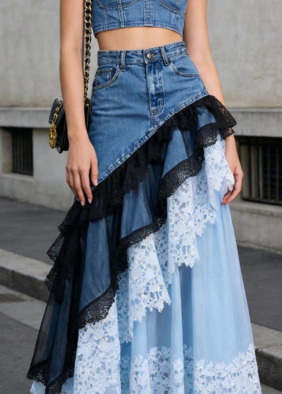 Beautiful Blue Asymmetrical Lace Patchwork Denim Skirts Summer - Image 2
