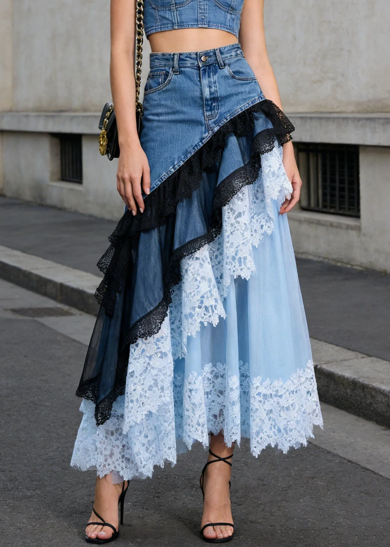 Beautiful Blue Asymmetrical Lace Patchwork Denim Skirts Summer - Image 5
