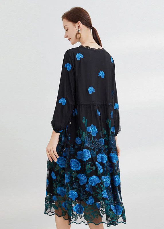 Beautiful Blue Embroideried Floral Tulle Long Dresses Long Sleeve - Image 4