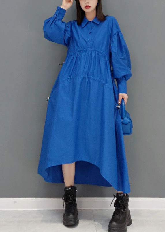 Beautiful Blue low high design Peter Pan Collar wrinkled long Dress Spring - Image 2