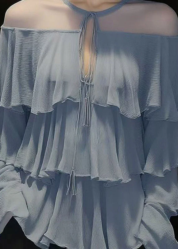 Beautiful Blue O-Nec Ruffled Tulle Patchwork Chiffon Shirt Spring - Image 3