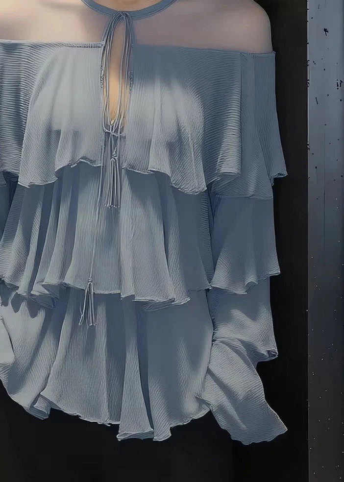 Beautiful Blue O-Nec Ruffled Tulle Patchwork Chiffon Shirt Spring - Image 5