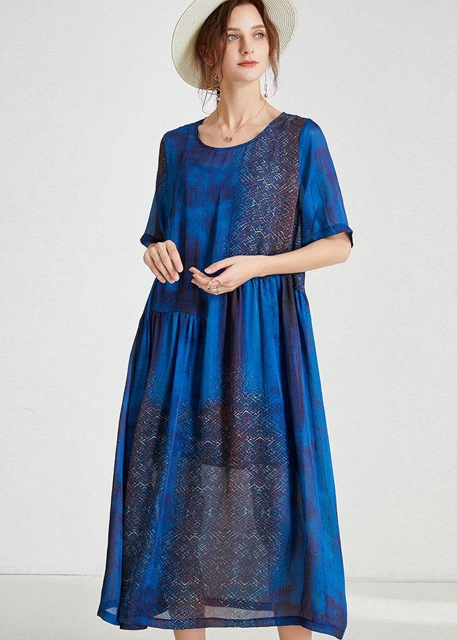 Beautiful Blue O-Neck Patchwork Summer Dresses Half Sleeve
