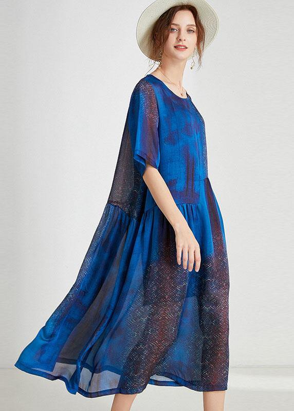 Beautiful Blue O-Neck Patchwork Summer Dresses Half Sleeve - Image 2