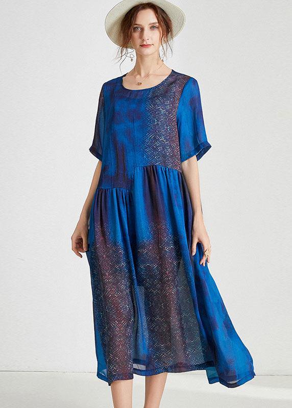 Beautiful Blue O-Neck Patchwork Summer Dresses Half Sleeve - Image 3