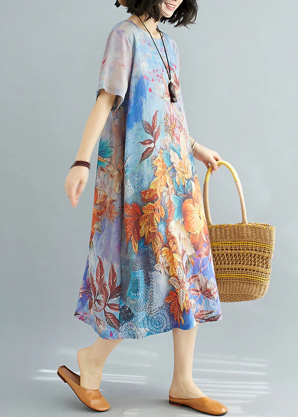 Beautiful Blue O Neck Print Cotton Dresses Summer - Image 3