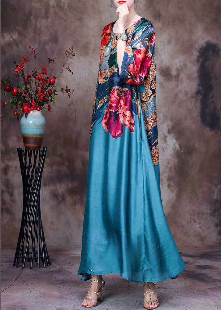 Beautiful Blue O-Neck Print 2025 Silk Long Dress Bracelet Sleeve - Image 2