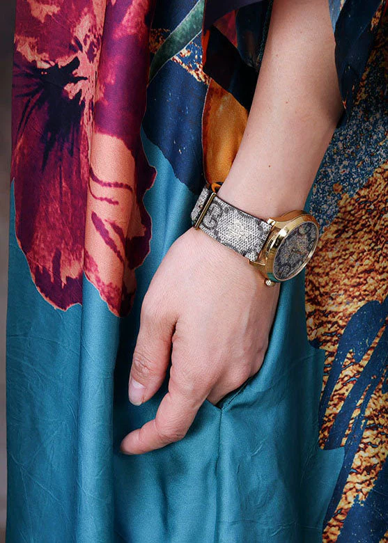 Beautiful Blue O-Neck Print 2025 Silk Long Dress Bracelet Sleeve - Image 5