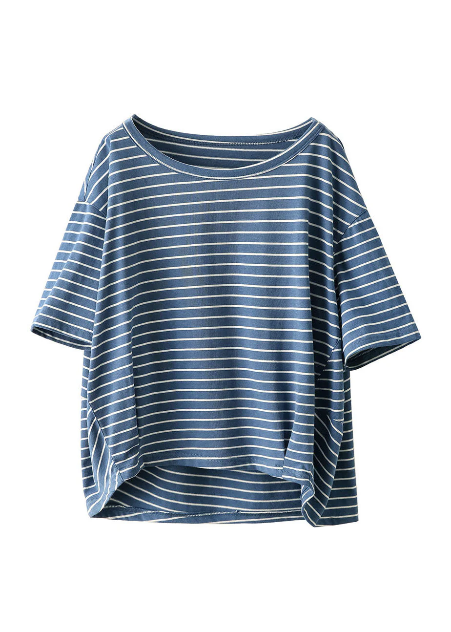 Beautiful Blue O Neck Striped Plus Size Linen Top Summer - Image 5
