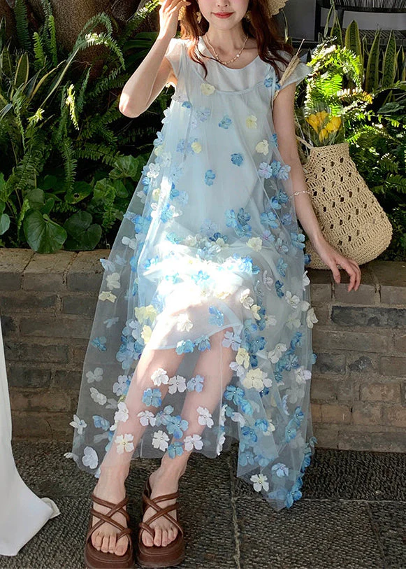 Beautiful Blue Oversized Floral Chiffon Long Dresses Two Piece Set Summer - Image 2