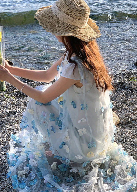 Beautiful Blue Oversized Floral Chiffon Long Dresses Two Piece Set Summer - Image 4