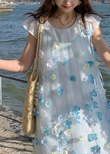 Beautiful Blue Oversized Floral Chiffon Long Dresses Two Piece Set Summer - Image 5