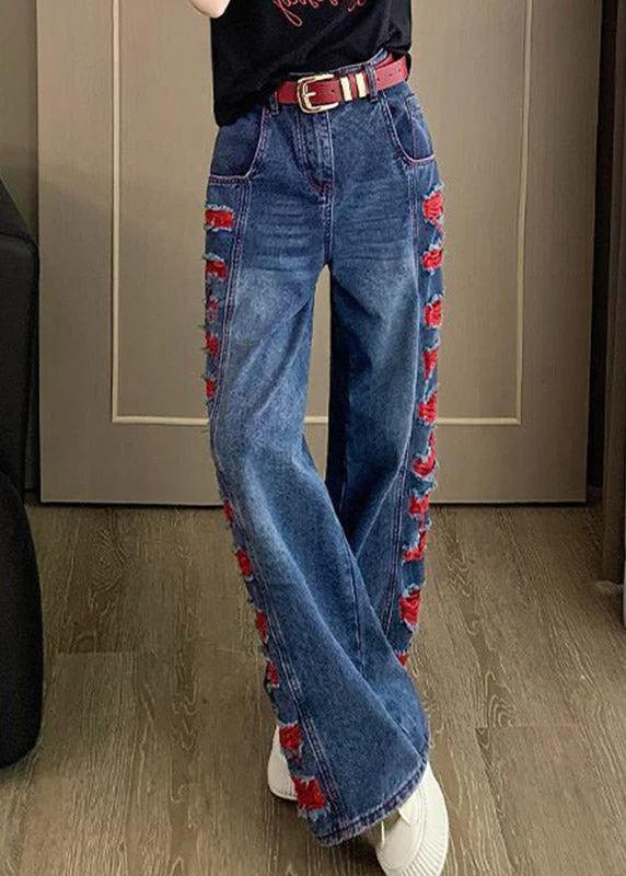 Beautiful Blue Patchwork Hole Wide Leg Jeans Spring - Image 3