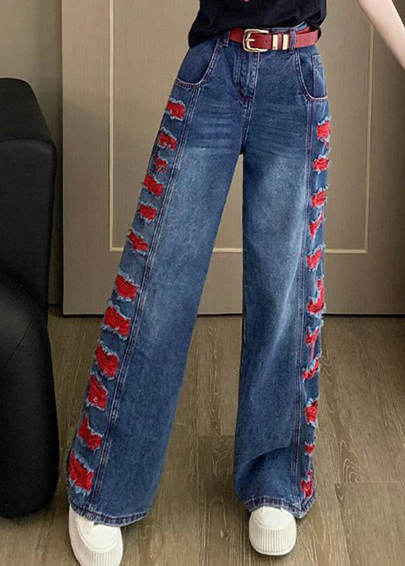 Beautiful Blue Patchwork Hole Wide Leg Jeans Spring - Image 4