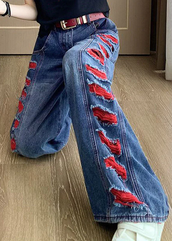 Beautiful Blue Patchwork Hole Wide Leg Jeans Spring - Image 5