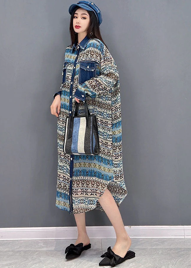 Beautiful Blue Peter Pan Collar Denim Patchwork Chiffon Shirt Dress Long Sleeve - Image 3