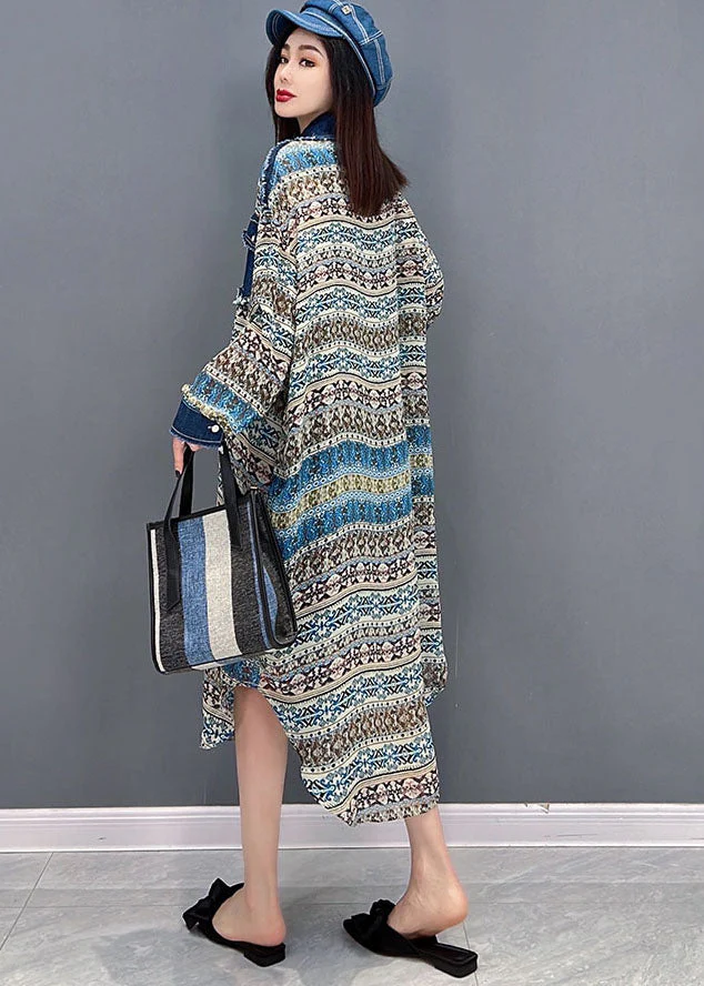 Beautiful Blue Peter Pan Collar Denim Patchwork Chiffon Shirt Dress Long Sleeve - Image 4