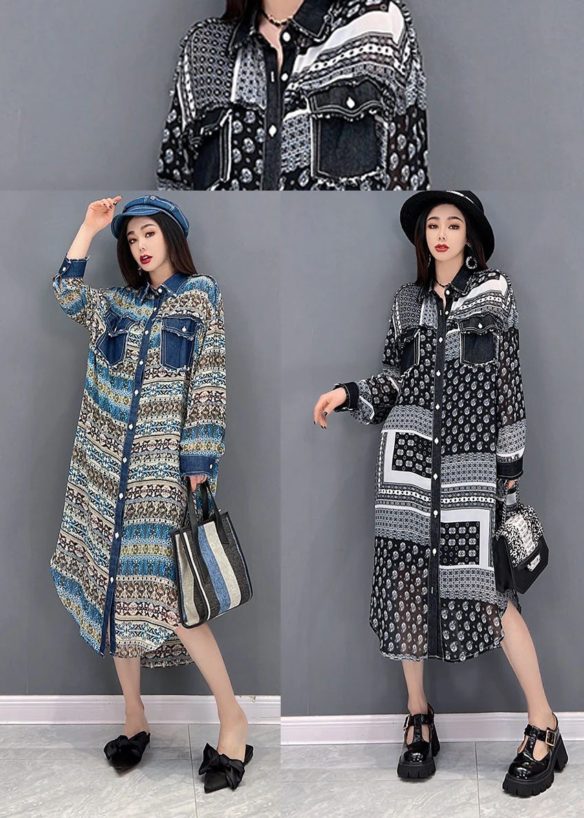 Beautiful Blue Peter Pan Collar Denim Patchwork Chiffon Shirt Dress Long Sleeve - Image 5
