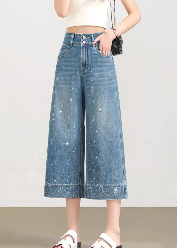 Beautiful Blue Pockets Zircon Denim Crop Pants Summer - Image 4