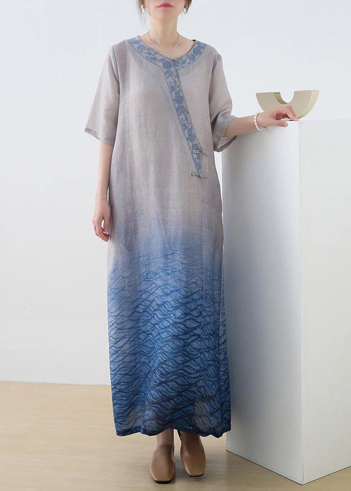 Beautiful Blue Print Embroidery Oriental Mid Summer Linen Dress - Image 2