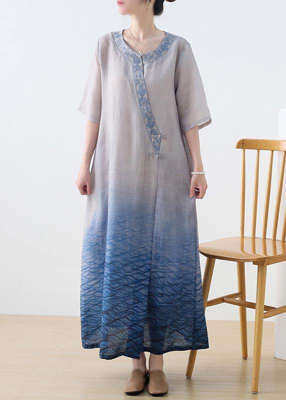 Beautiful Blue Print Embroidery Oriental Mid Summer Linen Dress - Image 3