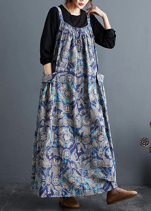 Beautiful Blue Print Pockets Patchwork Cotton Long Dresses Sleeveless - Image 3