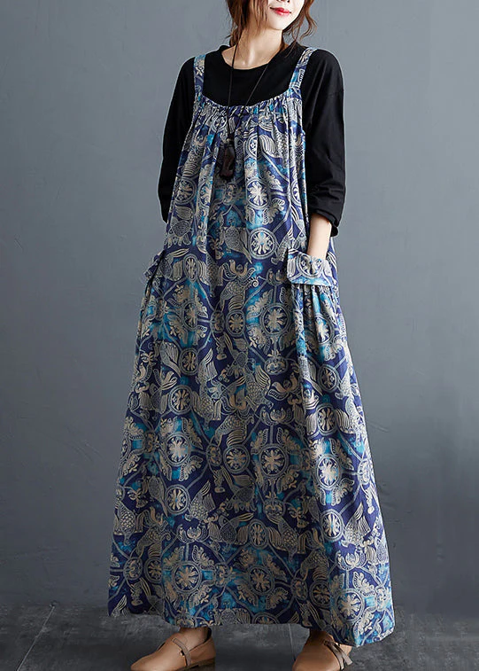 Beautiful Blue Print Pockets Patchwork Cotton Long Dresses Sleeveless - Image 4