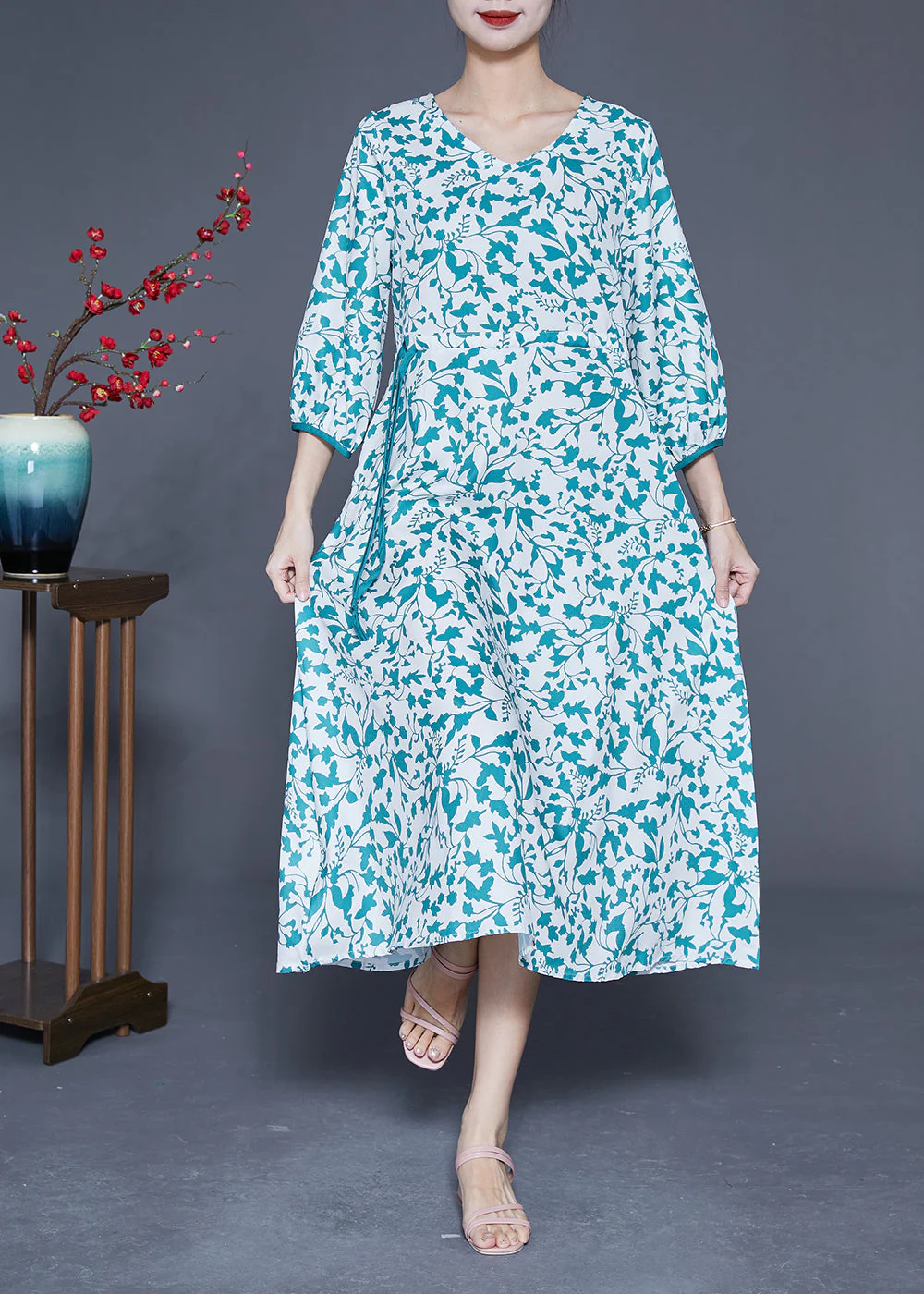 Beautiful Blue Print Tie Waist Pockets Silk Dress Bracelet Sleeve - Image 3