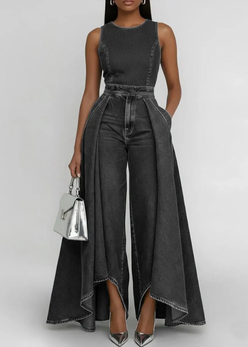 Beautiful Blue Silm Fit Patchwork Denim Wide Leg Pant Jumpsuit Sleeveless - Image 3