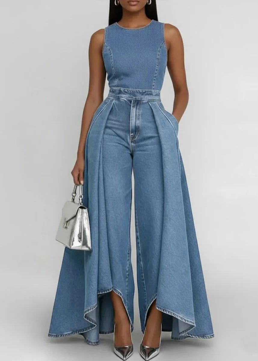 Beautiful Blue Silm Fit Patchwork Denim Wide Leg Pant Jumpsuit Sleeveless - Image 4