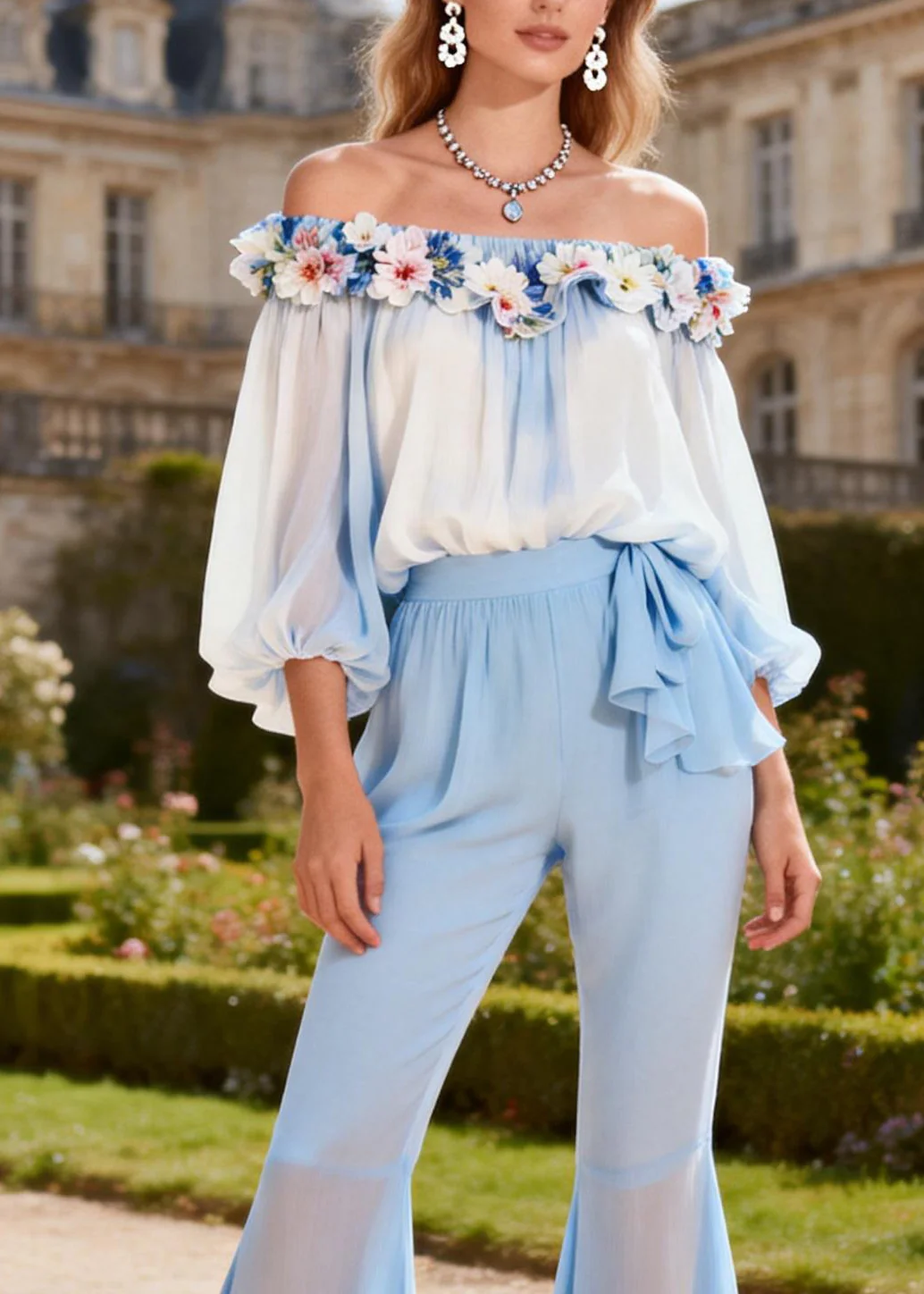 Beautiful Blue Slash Neck Floral Chiffon Top And Flared Trousers Two Piece Set Spring - Image 2