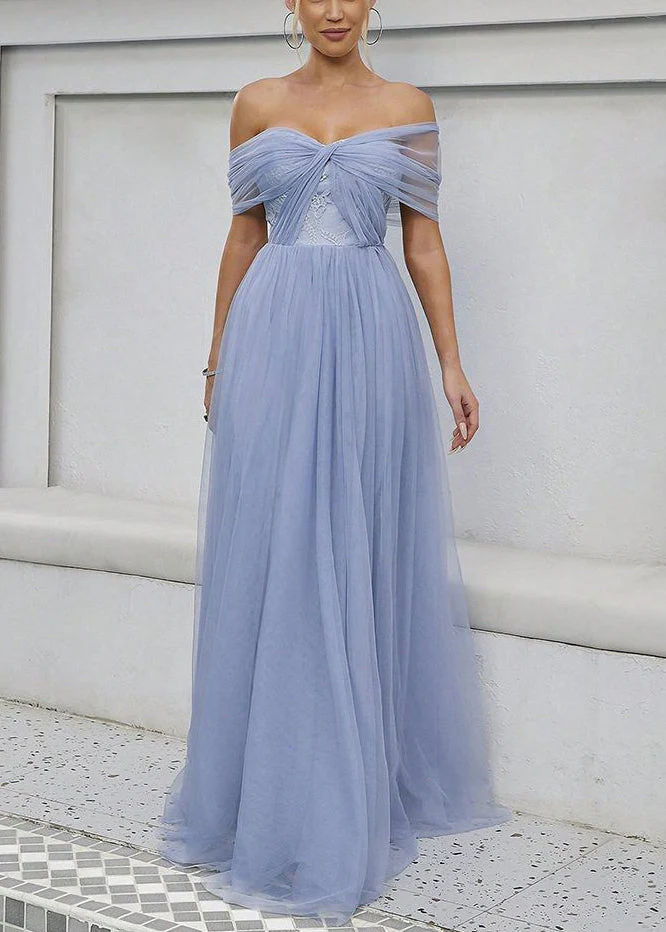 Beautiful Blue Slash Neck High Waist Tulle Maxi Dress Summer - Image 2