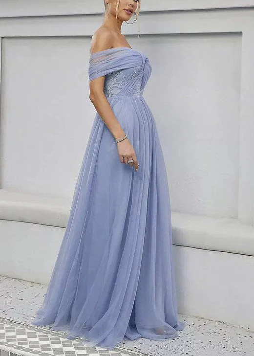 Beautiful Blue Slash Neck High Waist Tulle Maxi Dress Summer - Image 4