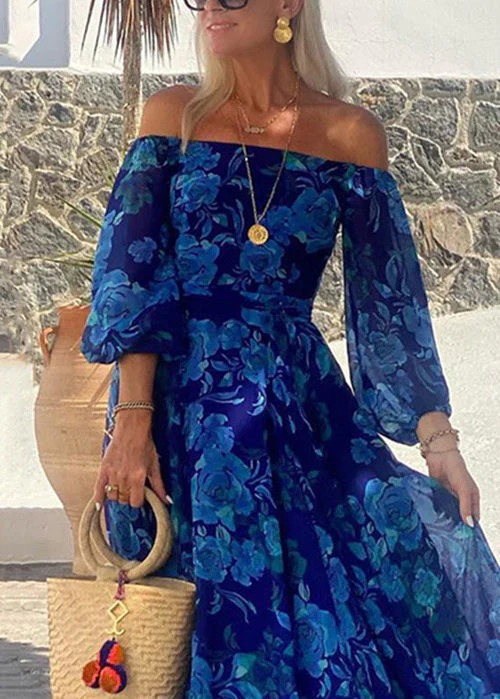 Beautiful Blue Slash Neck Print Cotton Maxi Dress Bracelet Sleeve - Image 4