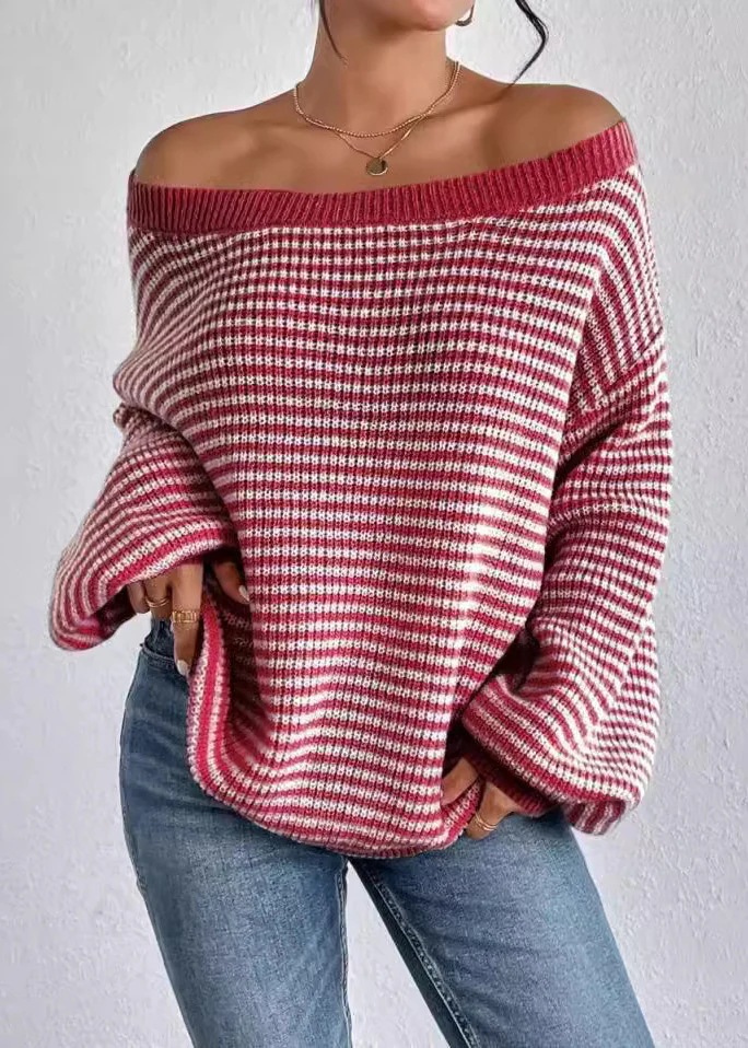 Beautiful Blue Slash Neck Striped Knit Sweater Spring - Image 2