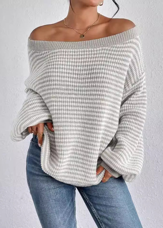 Beautiful Blue Slash Neck Striped Knit Sweater Spring - Image 3
